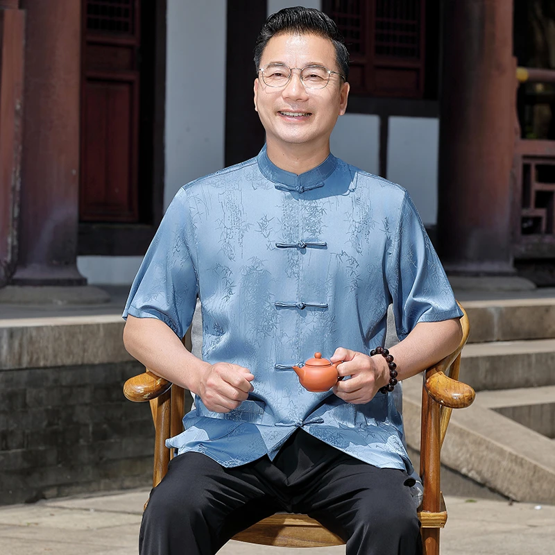 中老年唐装男夏季冰丝短袖套装中国风衬衫爷爷桑蚕丝衣服爸爸夏装