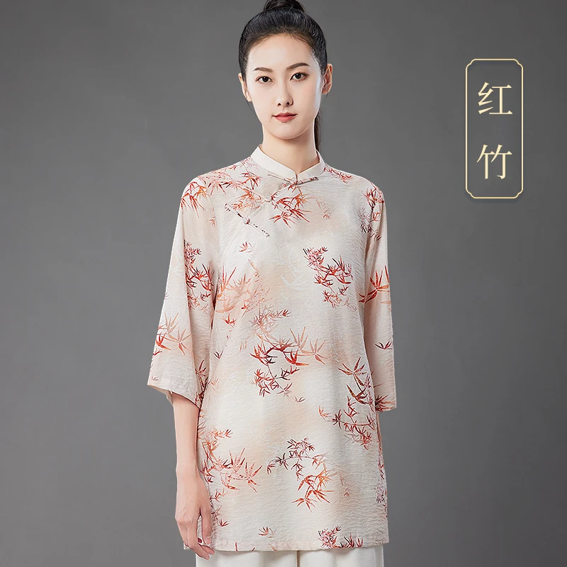 新款中式斜襟女士上衣天丝棉夏季薄款太极服中袖八段锦休闲练功服