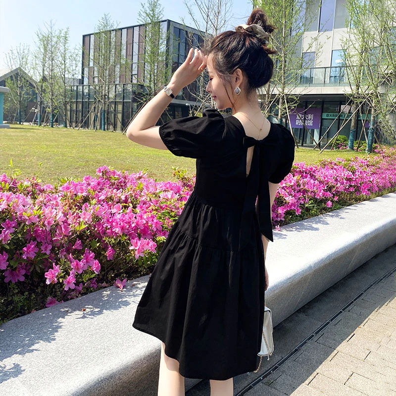 小个子黑色连衣裙a字女短款夏季新款法式赫本风小黑裙蝴蝶结裙子