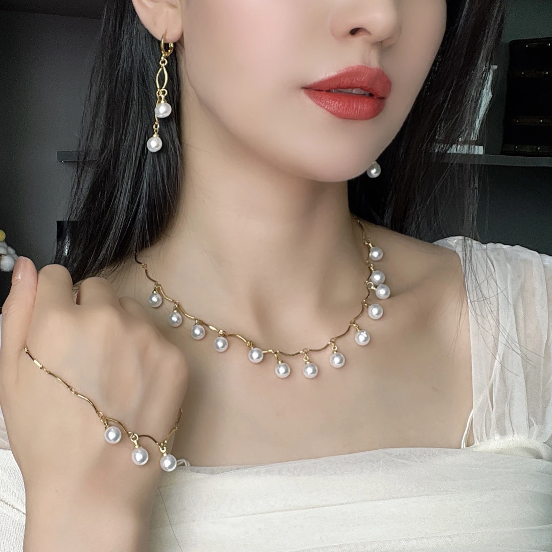 Xyuer/谢雨儿 钛钢仿珍珠项链 Xyuer流苏珠款四件套首饰套装