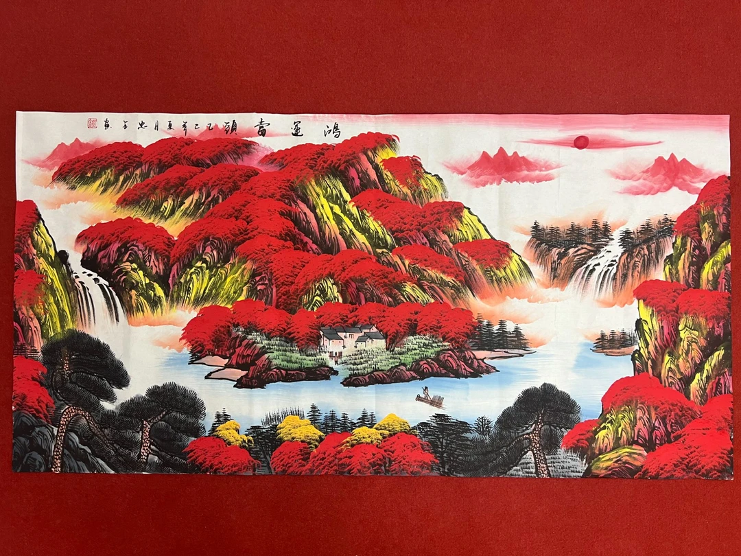 435四尺65x135cm鸿运当头山水玄关书房客厅现代手工装饰画