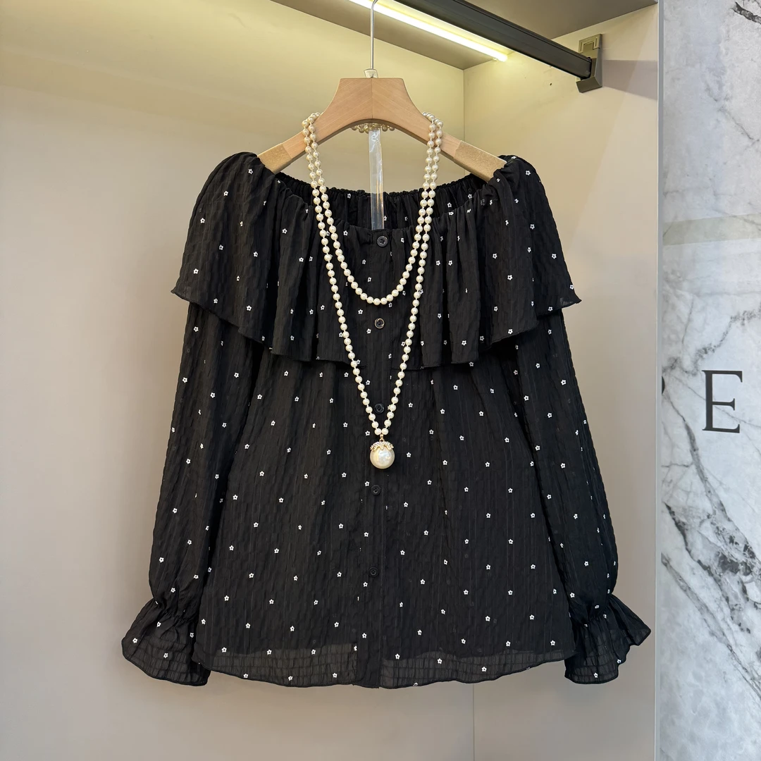 胖MM微喇袖口披肩领波点设计早秋大码女装淑女风甜美百搭上衣695