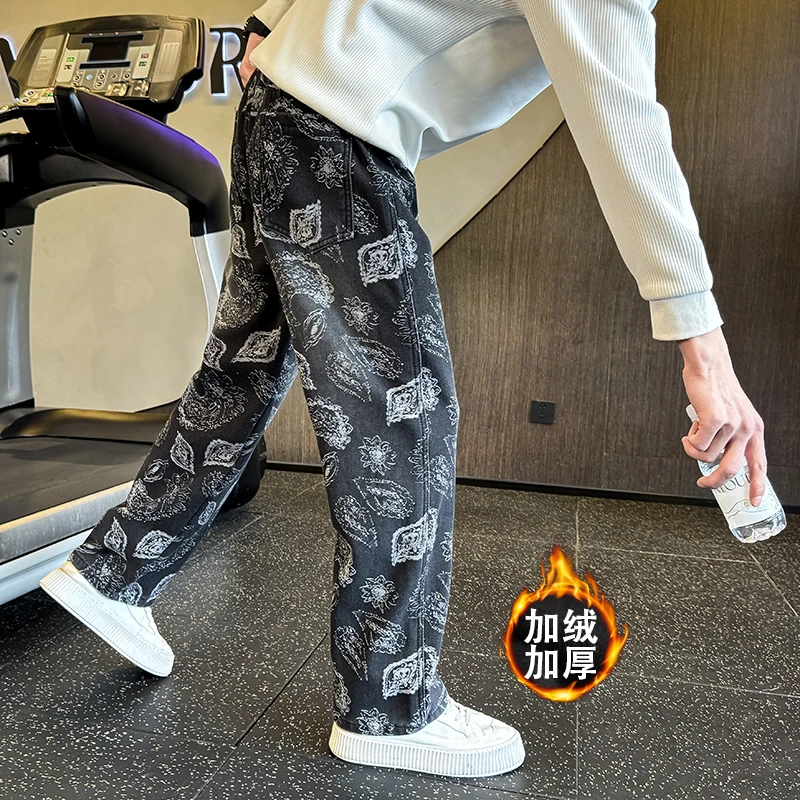 加绒加厚牛仔裤男款秋冬美式个性树叶潮流休闲宽松直筒阔腿长裤子