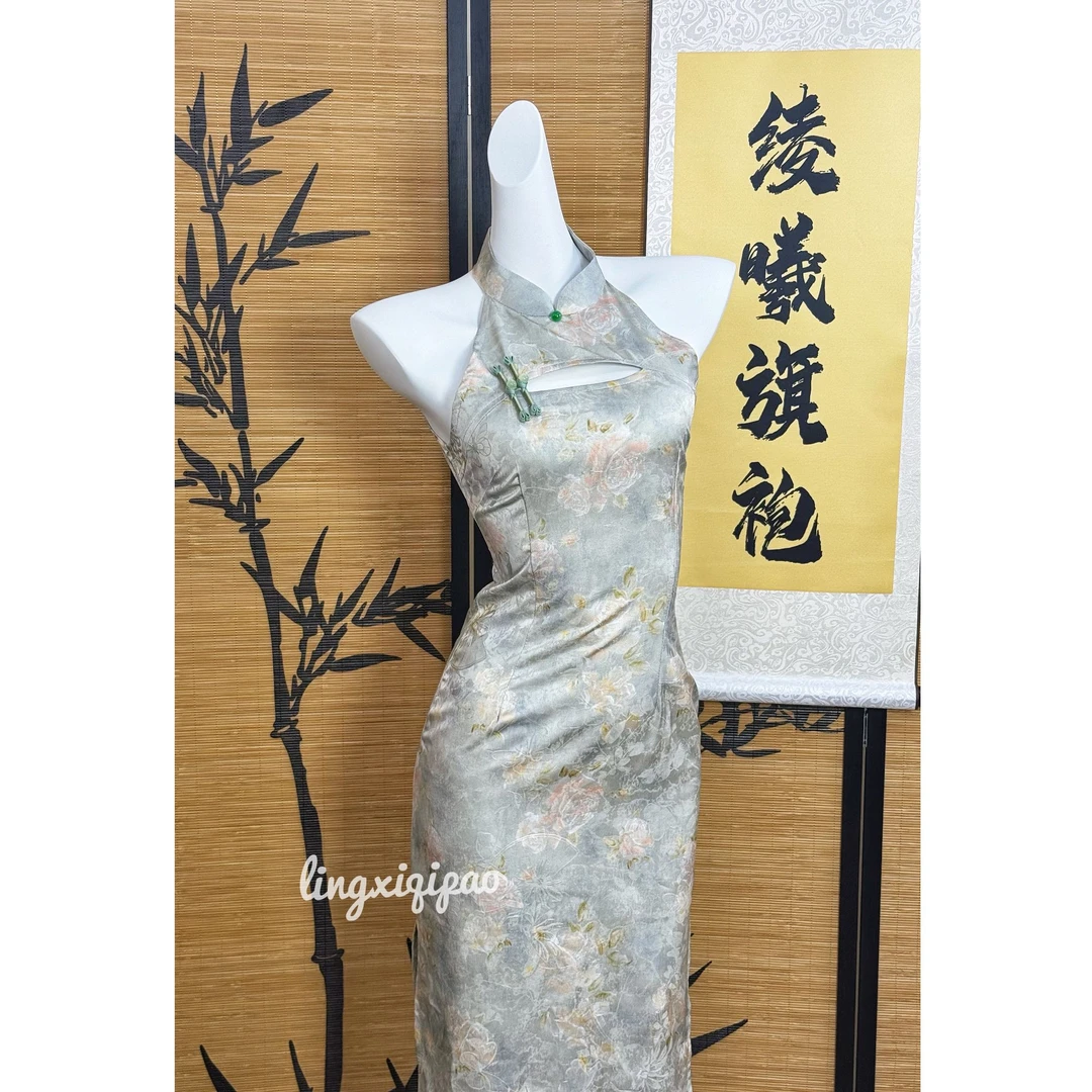 【枝意】夏季新款日常挖肩挂脖少女浅绿色优雅显瘦旗袍裙