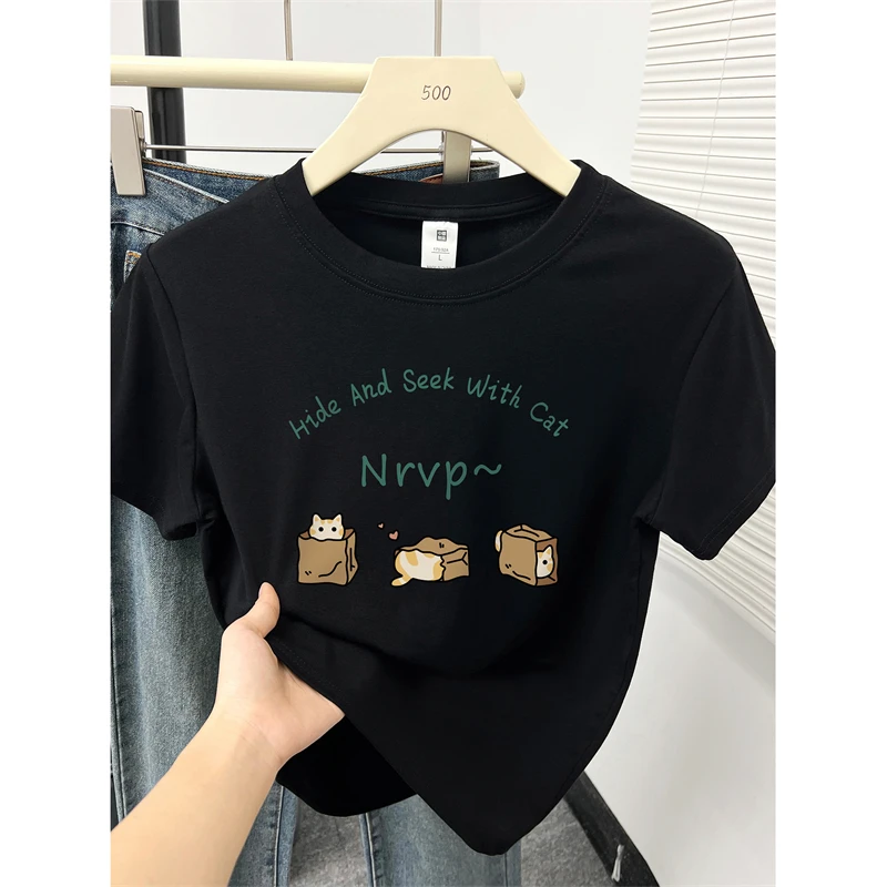 大码胖mm正肩圆领短袖T恤女夏季韩版设计感小众洋气印花半袖上衣