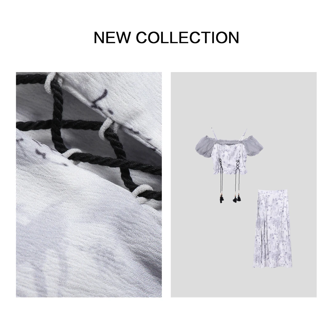 【小依专享】D3F28073露肩休闲上衣+高腰长裙仙气飘逸两件套-8073