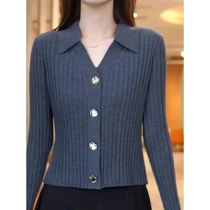 翻领红色针织开衫女2025春季新款修身显瘦短款长袖上衣打底衫内搭