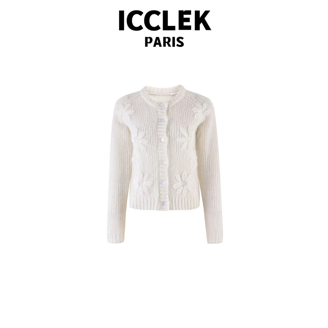 ICCLEK 秋冬款白色花朵长袖针织衫气质轻奢名媛百搭显瘦外套-5180