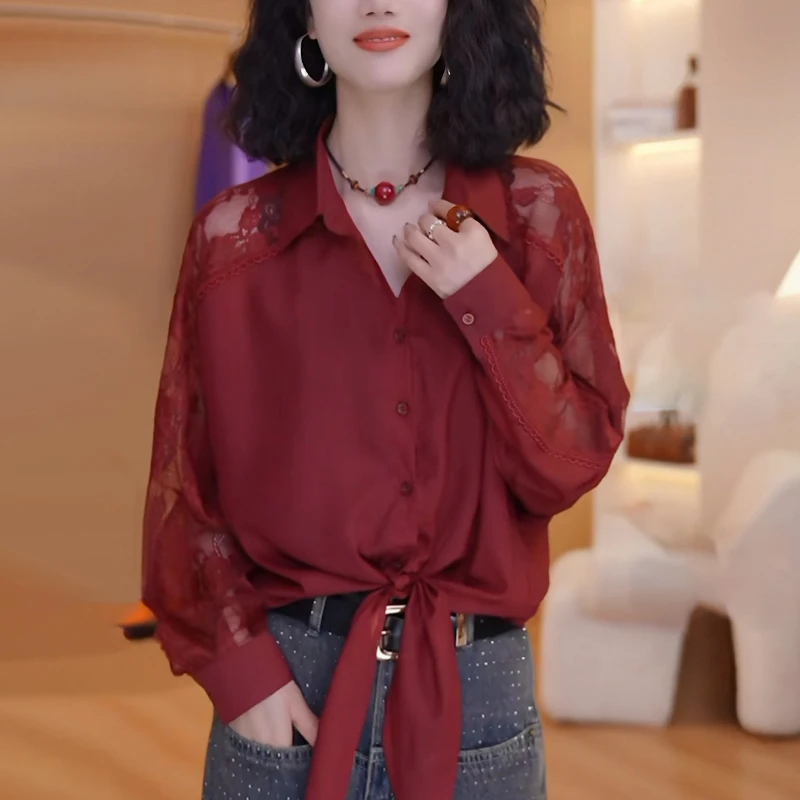 红色系带衬衫女秋夏新款时尚显瘦洋气肩减龄休闲蕾丝花边镂空上衣