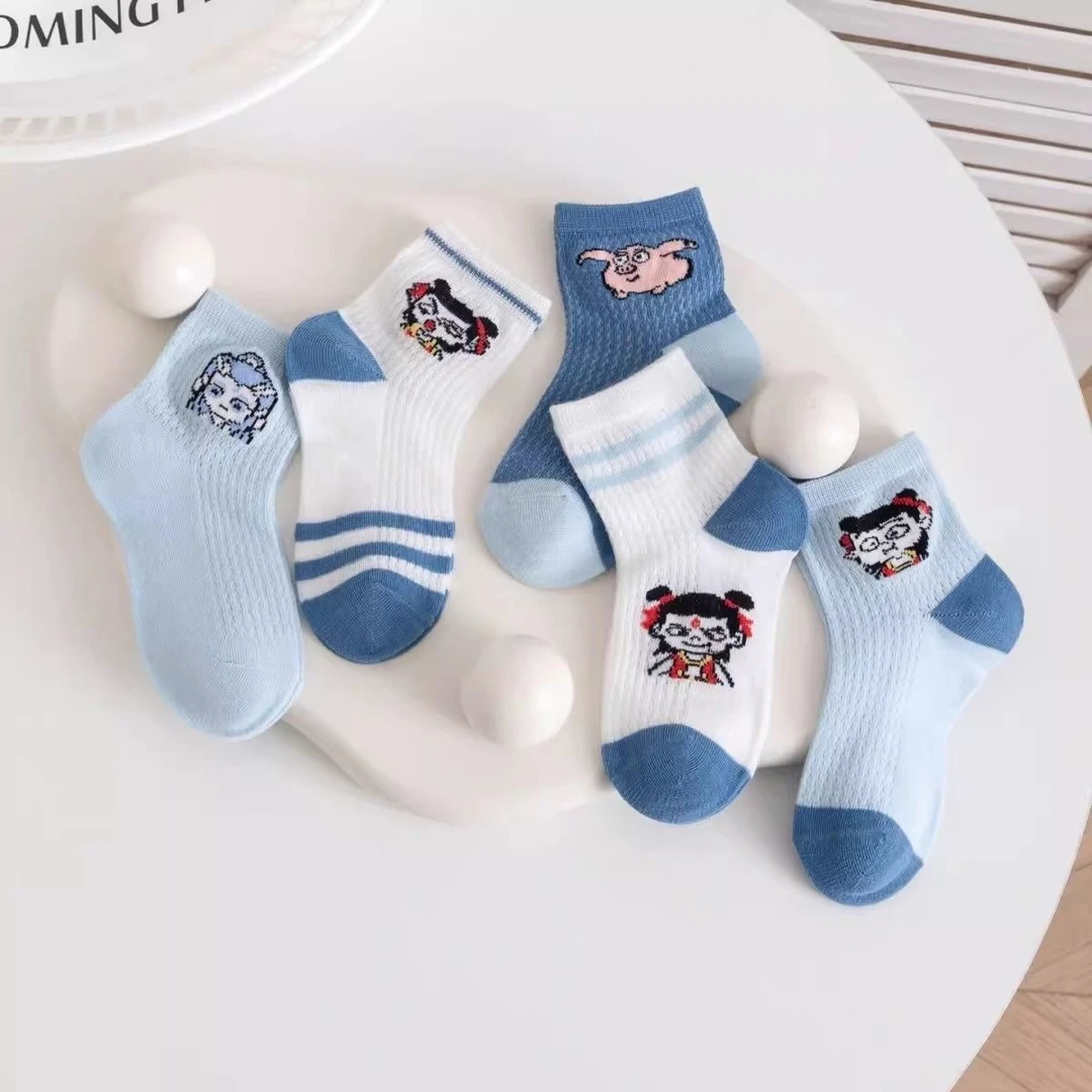 2025春夏新款哪吒敖丙中筒棉袜 男童女童通用 网眼薄款透气儿童袜
