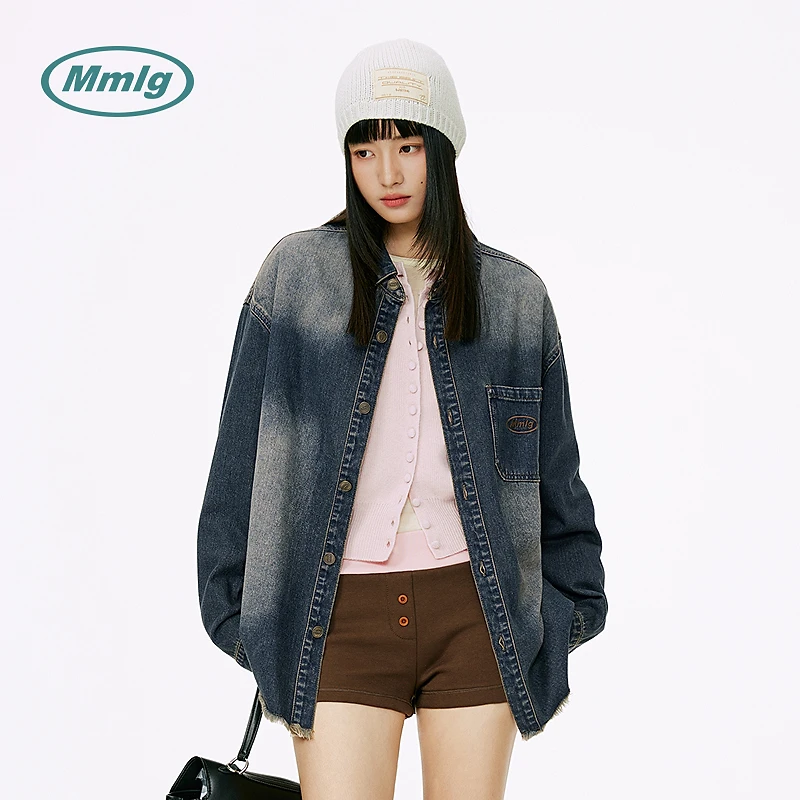 Mmlg2025秋新款洗水做旧牛仔衬衫美式复古休闲外套男女同款FQC016