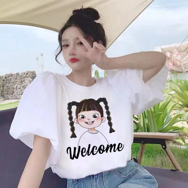 白色时尚百搭印花短袖T恤女2025夏季宽松显瘦设计感泡泡袖上衣ins