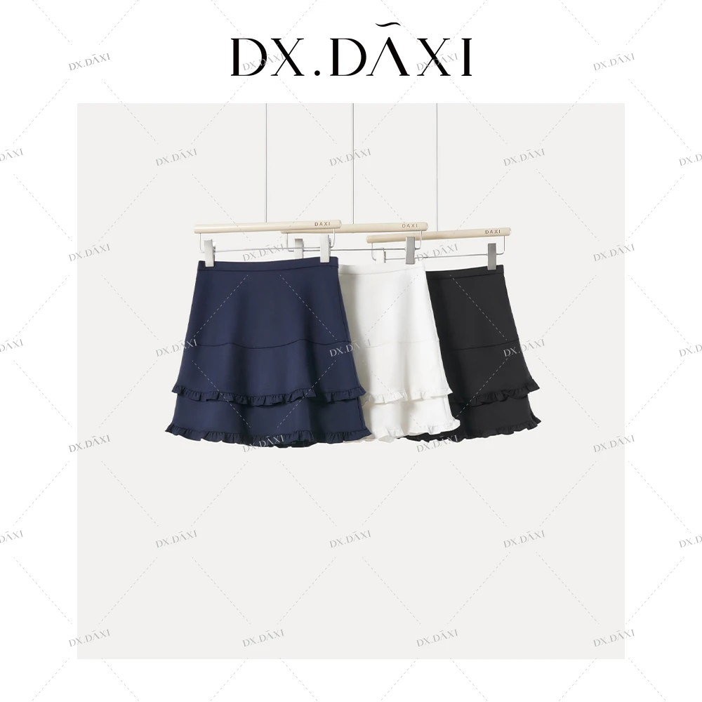 DX.DAXI【氧气一夏】时尚百搭双层木耳边高腰显瘦防走光A字半身裙女