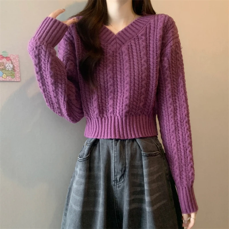 v领麻花毛衣短款卡腰洋气短款小衫针织打底衫女装miu里miu气上衣