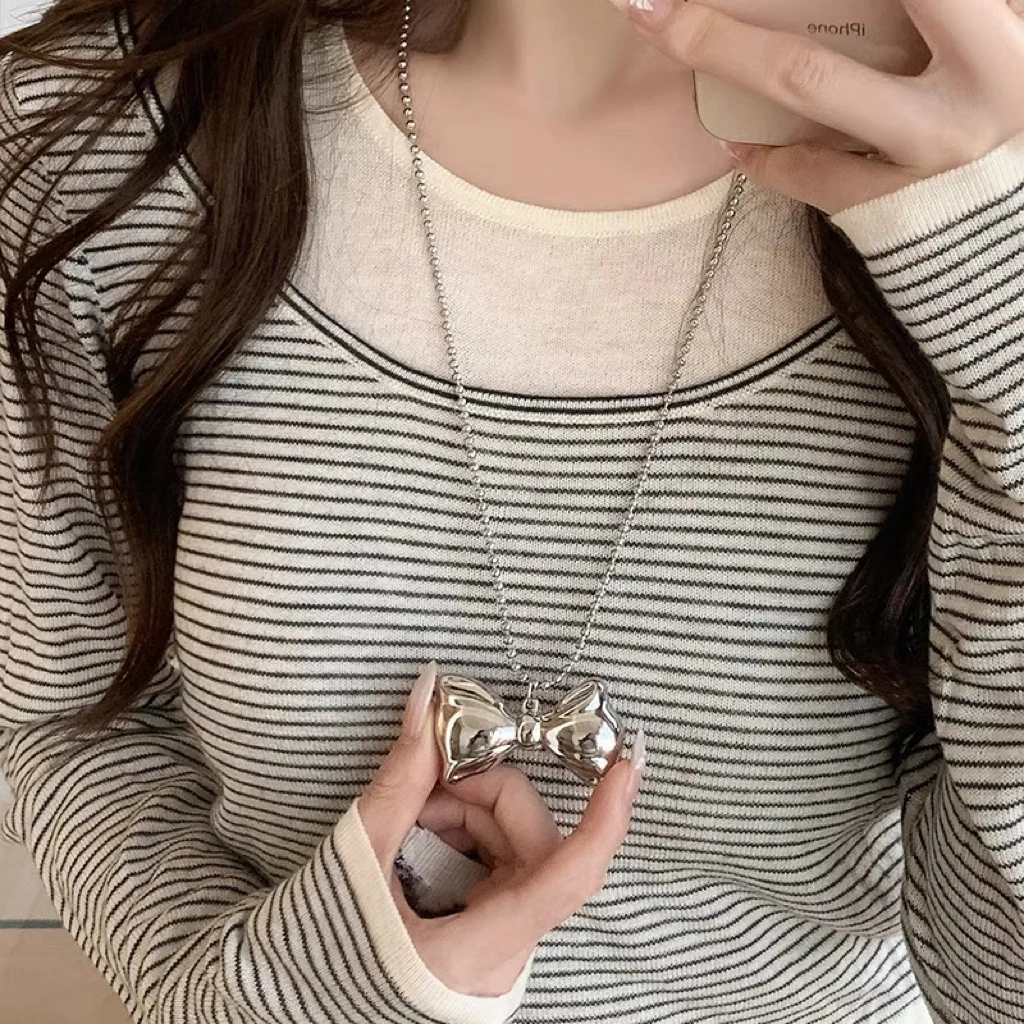 钛钢吊坠 日韩简约银色蝴蝶结项链女甜美高级感个性毛衣链卫衣链
