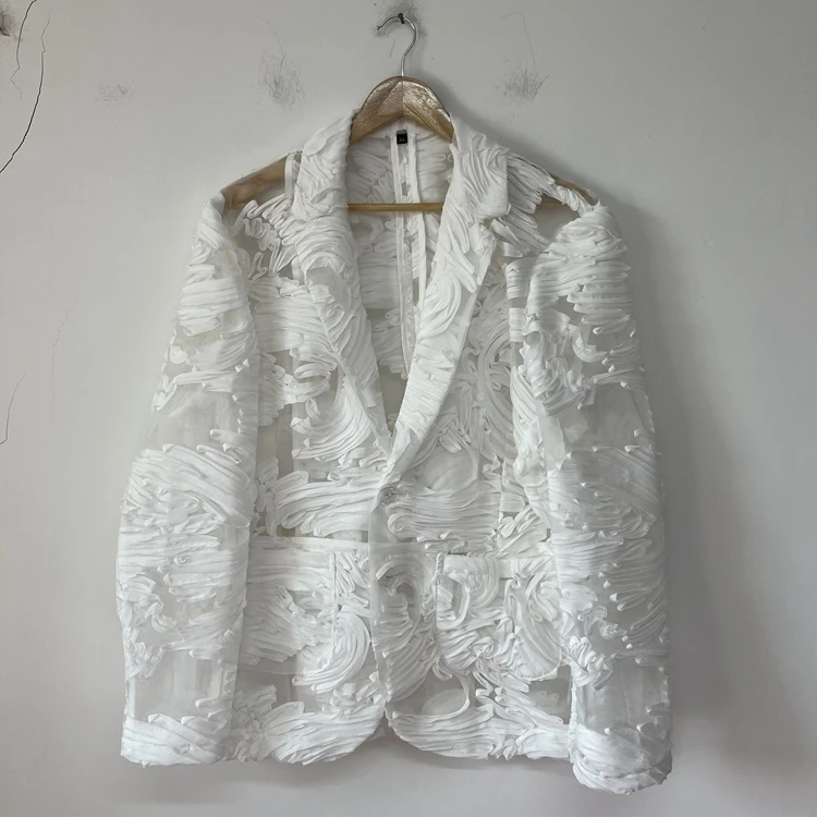 白色立体盘花透视欧根纱高级感华丽春夏原创设计师男装西装西服