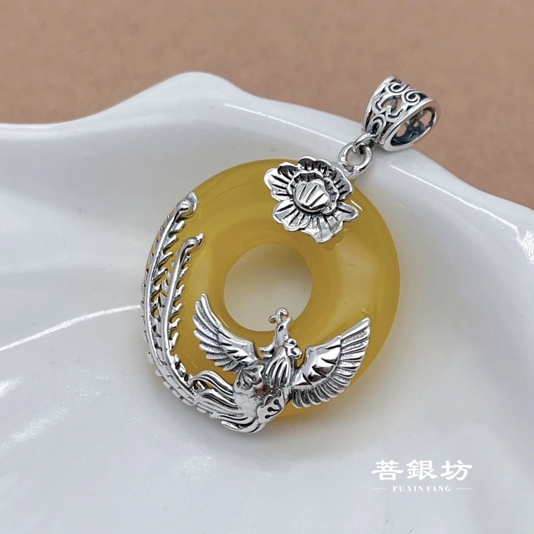 【菩银坊】925银有凤来仪黄玛瑙平安扣 直径28.6 高43.2