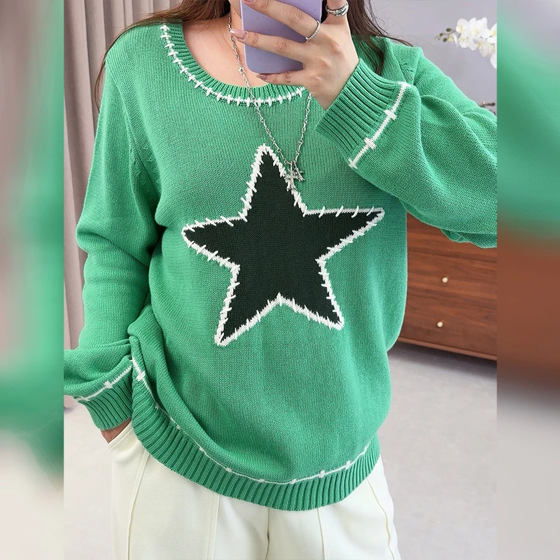 【涵胖胖】*清2025秋季新款大码女装胖妹妹撞色星星缝线毛衣-F537