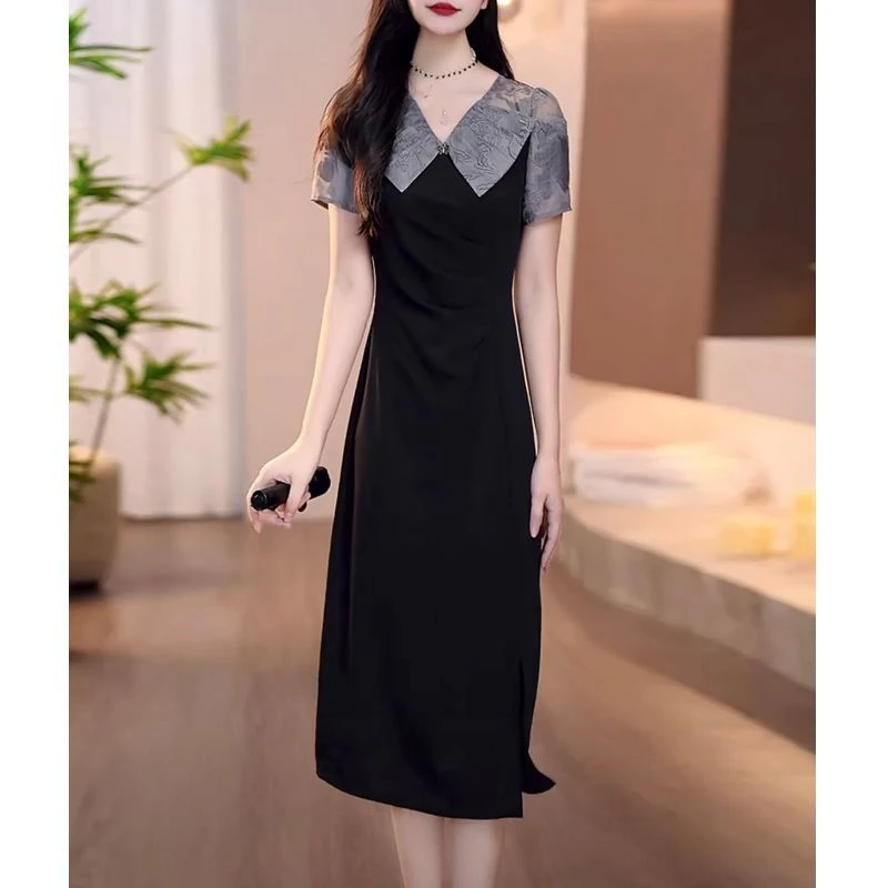 高档水晶琉璃丝纯色中长款连衣裙2025夏季新款气质收腰显瘦礼服裙