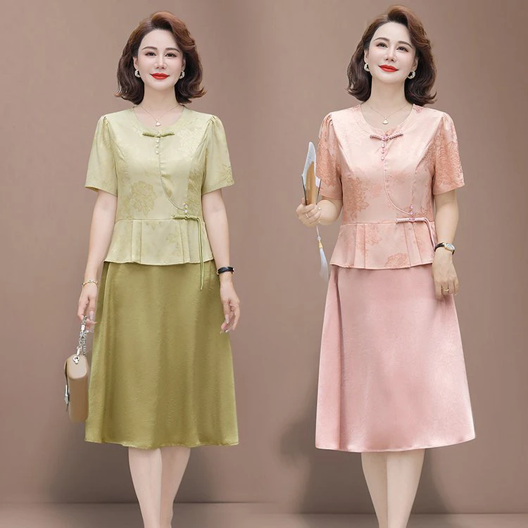新中式妈妈夏季短袖连衣裙中老年女装显瘦洋气长款裙子2564