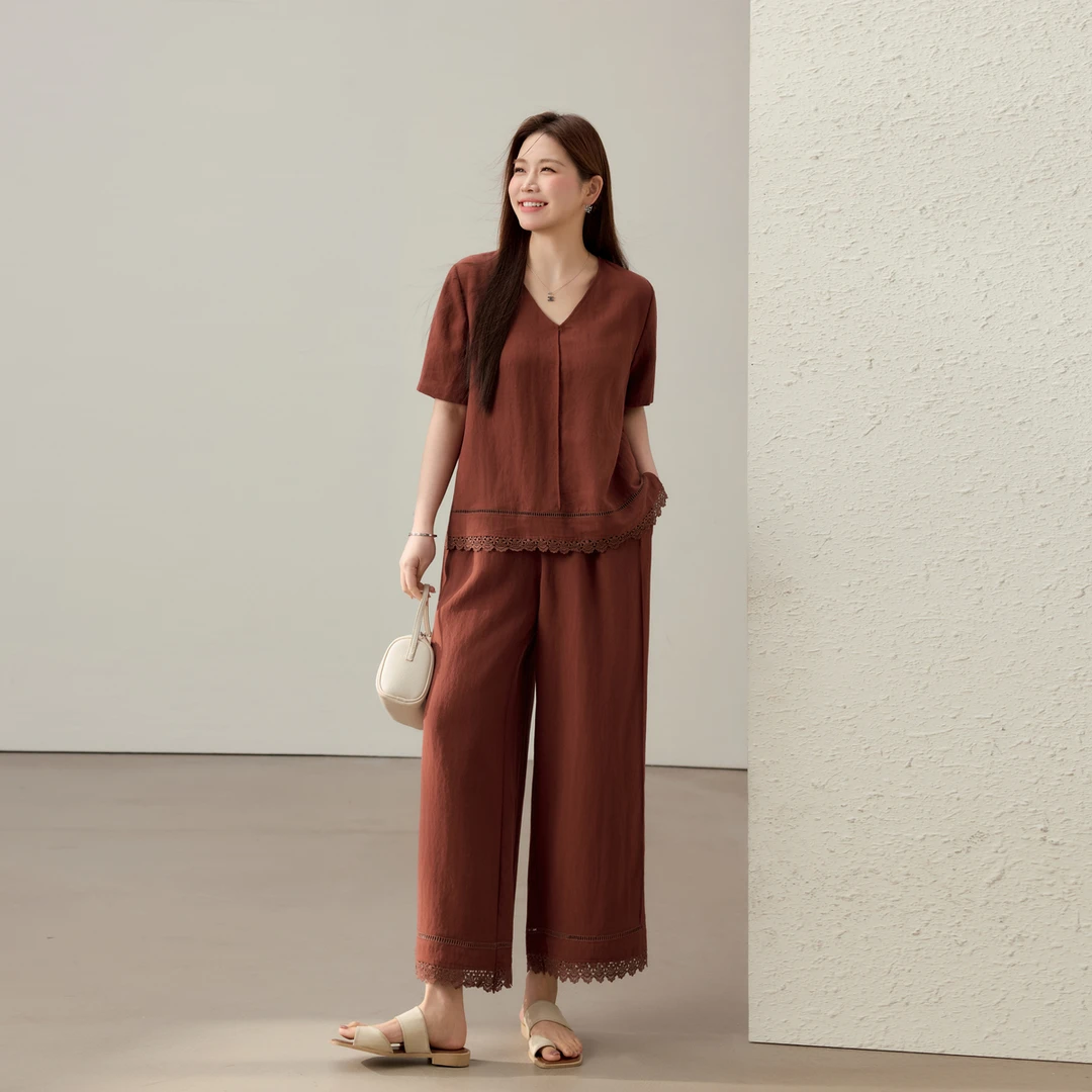 【慵懒风简约舒适花边两件套装】纤莉秀大码女装QK0718+QK0719