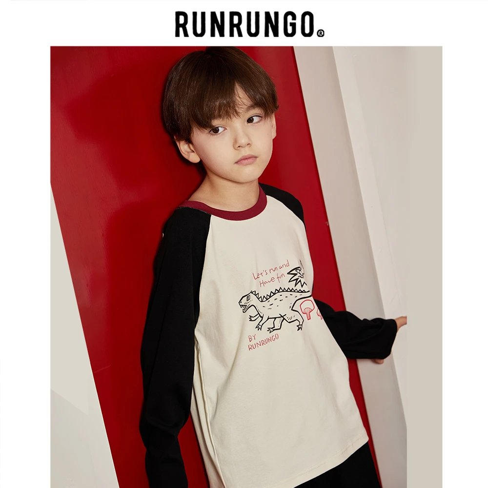 Runrungo【趣玩家】美式复古撞色儿童插肩打底衫男女童印花长袖T恤