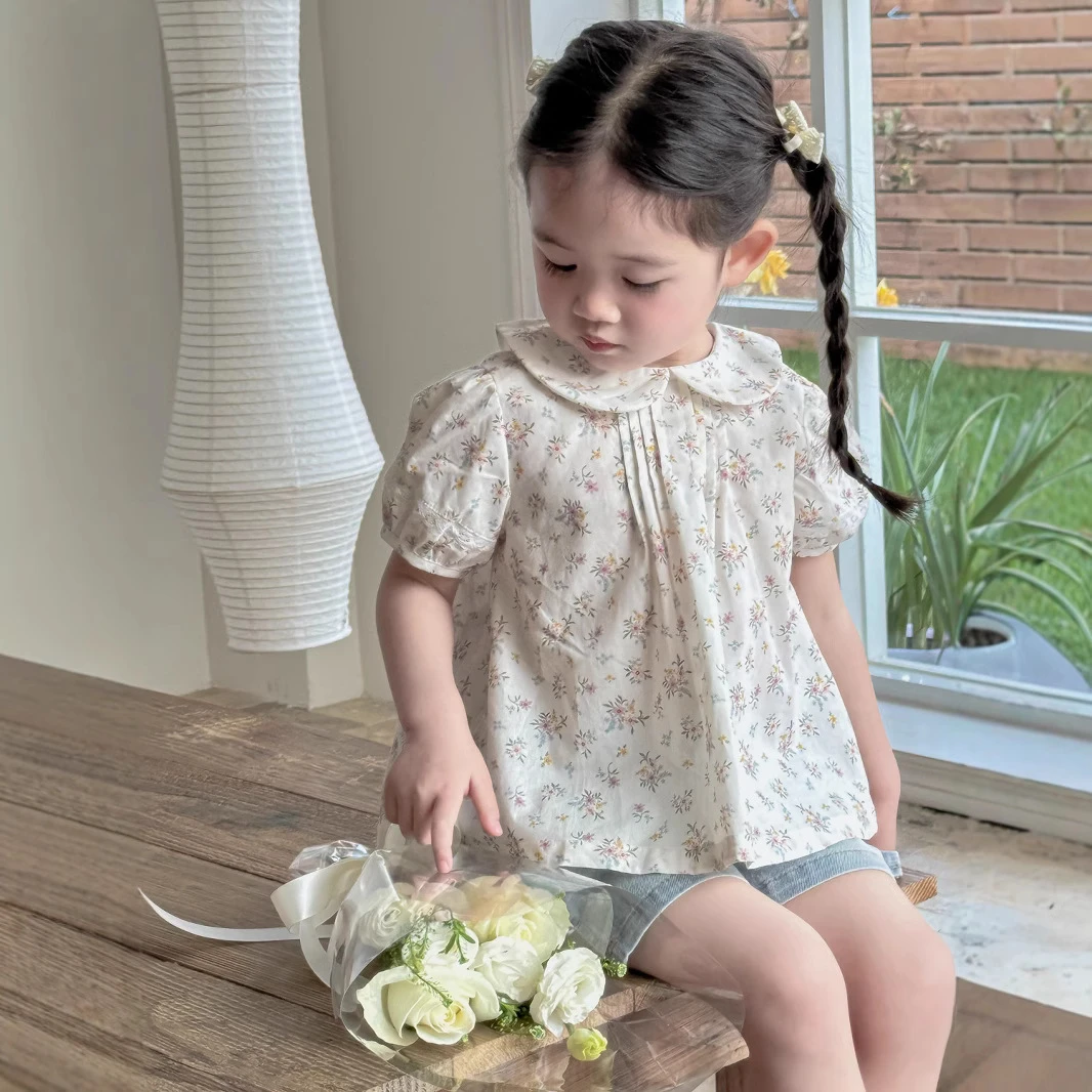 ins女童可爱碎花衬衫夏季复古田园娃娃领短袖衫洋气女童上衣