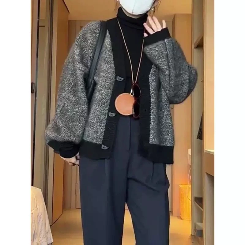 秋冬女装绵羊毛设计感宽松洋气慵懒风复古拼色毛衣开衫针织外套