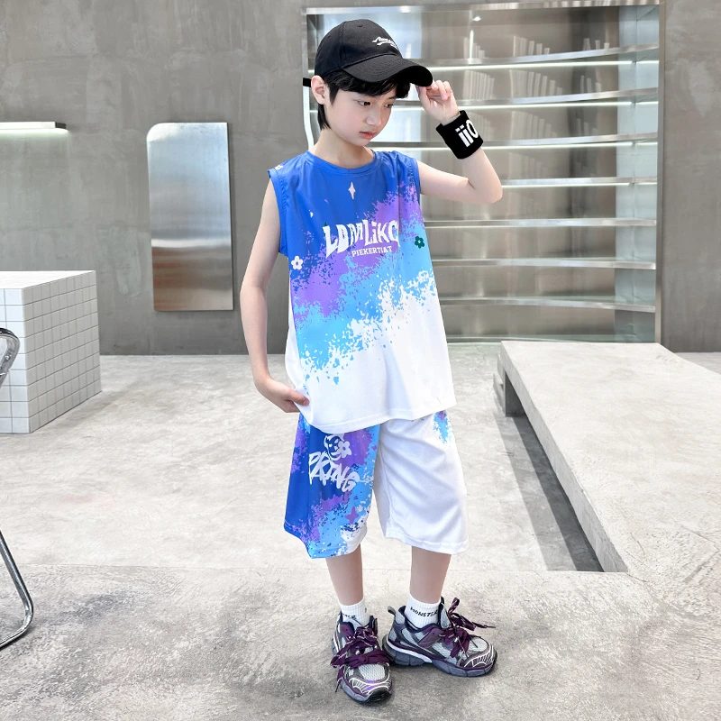 儿童渐变无袖夏季潮酷风套装男童薄款中大童男男孩运动帅气篮球服