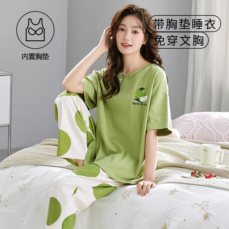 睡衣女夏带胸垫短袖长裤薄款韩版卡通可爱外穿家居服女士夏季套装
