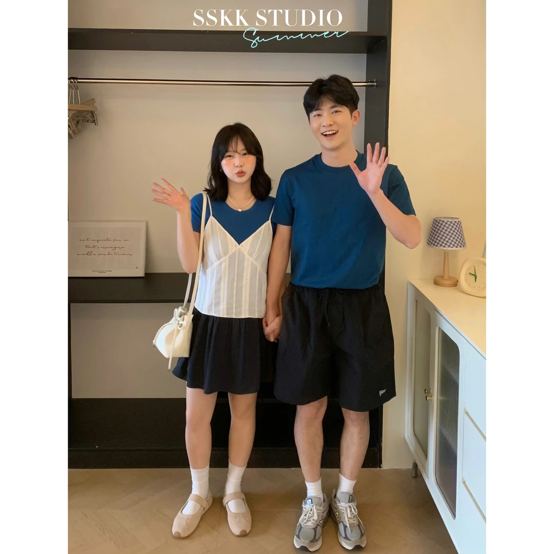 KMZY/KMZY山_山【蓝调奶油】微胖韩版春日温柔克莱因蓝显瘦毛织短袖