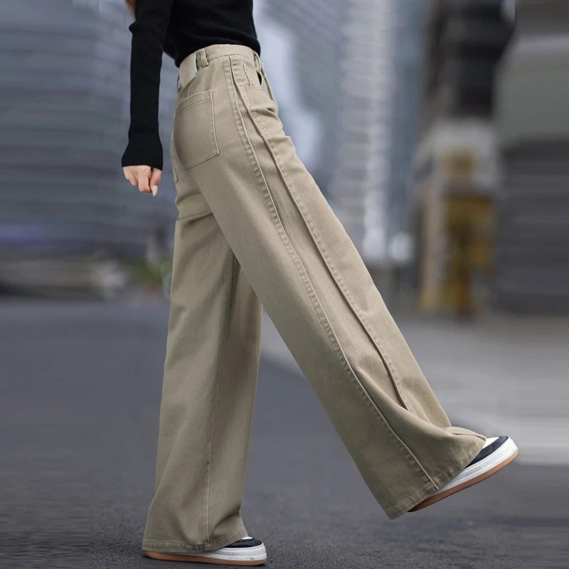 卡其色牛仔裤女2026年流行网红女裤春秋季高腰设计感直筒阔腿裤子