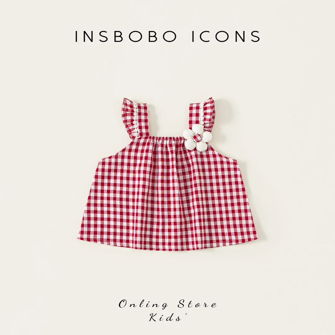 INSbobo儿童吊带格子上衣夏季新品格子花朵装饰花边吊带XY25493
