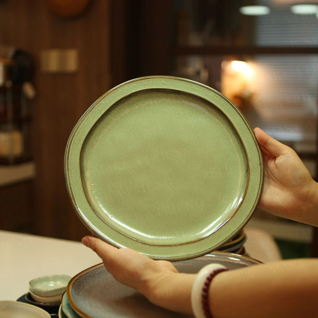 MAKEAFRIEND绿色复古小高边特别款高温釉下彩餐盘餐具