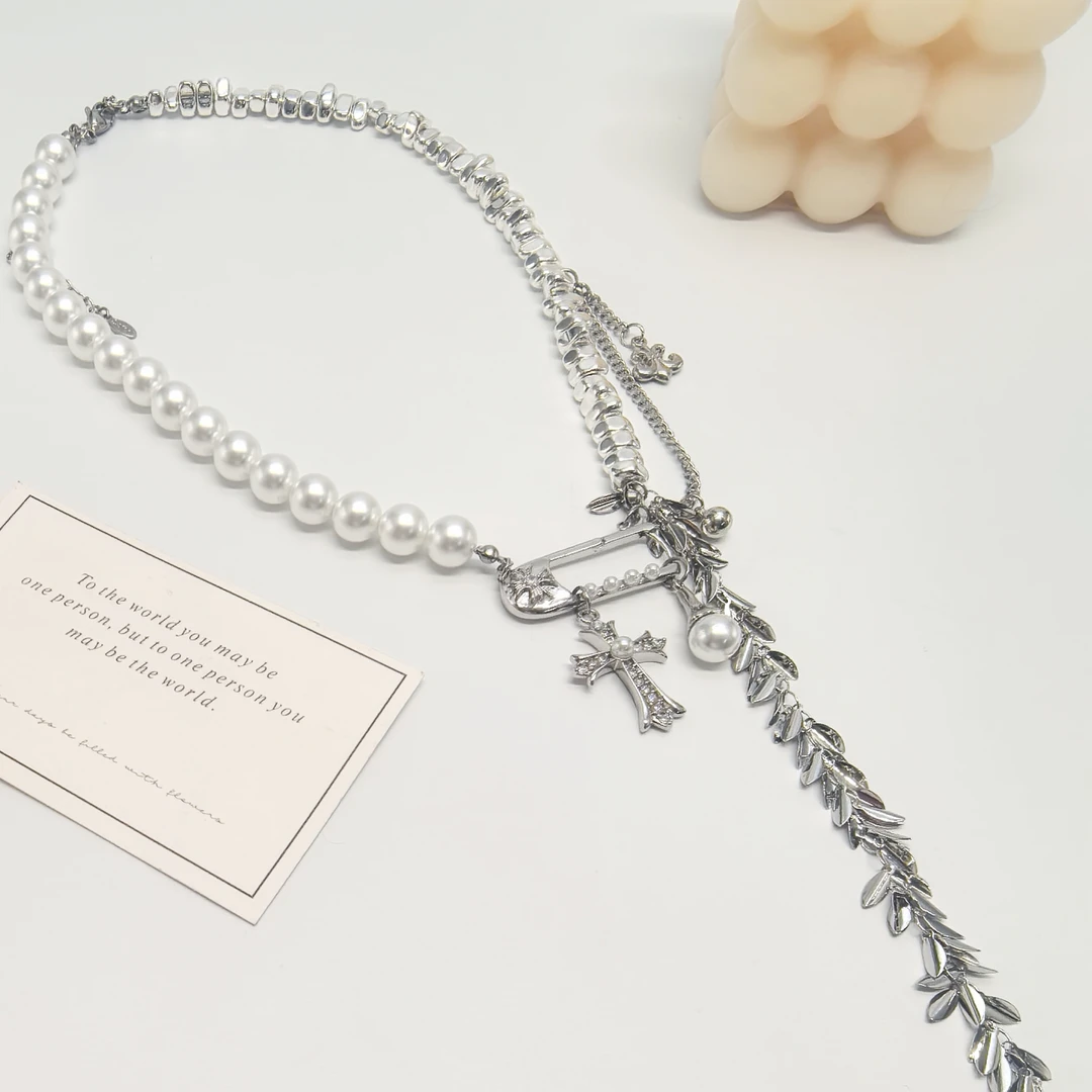 铜合金仿珍珠项链 07247原创设计精致气质大白珠别针麦穗流苏项链