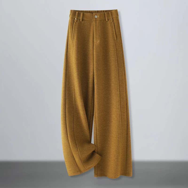 羊毛呢阔腿裤女2025冬新款高腰垂感宽松显瘦加厚橄榄绿休闲直筒裤