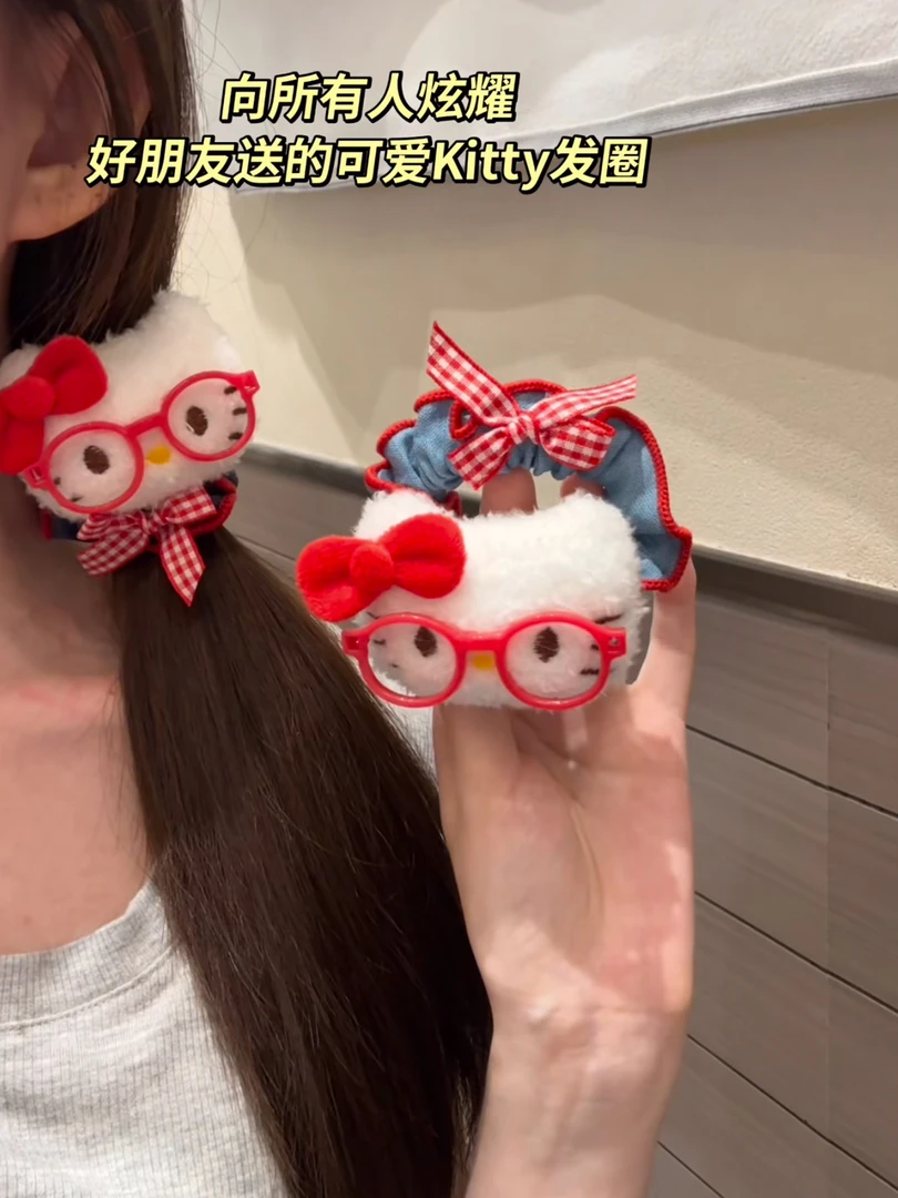 可爱眼镜Kitty蓝色牛仔小肠发圈女简约扎头发头绳慵懒风卡通发饰