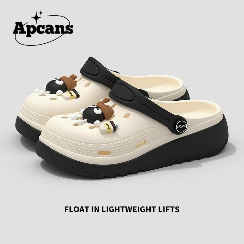 Apcans踩屎感洞洞鞋女夏外穿网红沙滩厚底2025新款eva软包头拖鞋