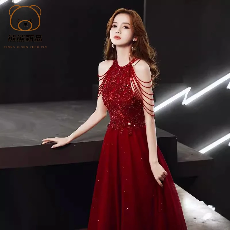 敬酒服新娘2025新款挂脖肩流苏结婚酒红色性感晚礼服网纱连衣mdd