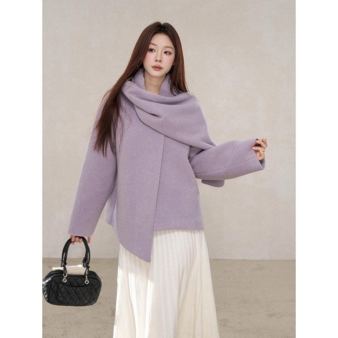 【小野莓】紫色围巾领毛呢外套女冬小众高级感慵懒羊毛上衣BK610205