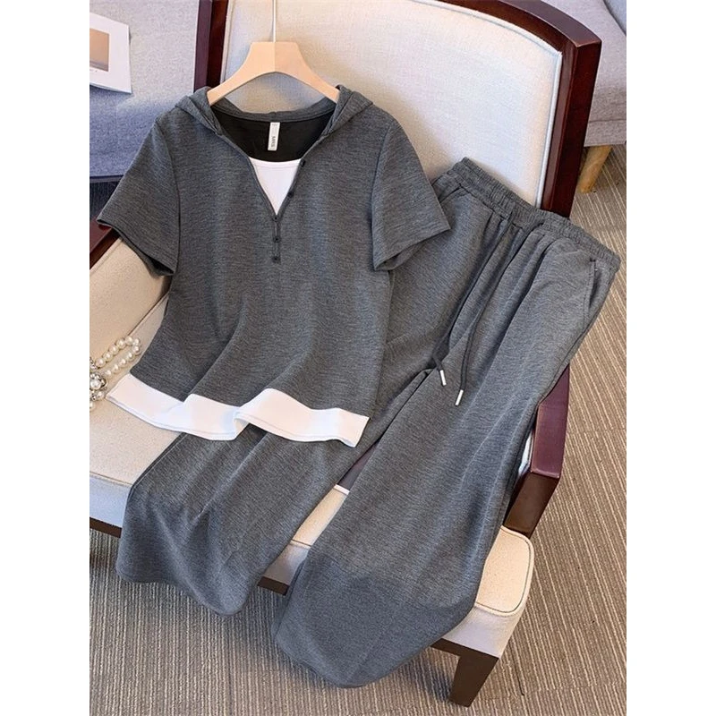 连帽撞色上衣阔腿裤套装女夏季女生大码胖mm休闲气质显瘦两件套