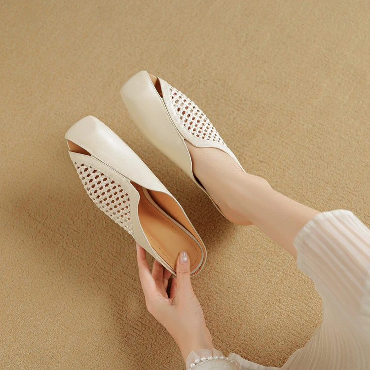 5cm 新款女鞋镂空粗跟纯色胶粘鞋低跟包头拖方头防滑休闲外穿凉拖