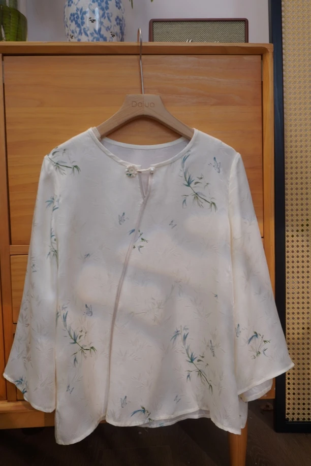 【晚山】满分桑蚕丝气质高级印花萝竹叶新中式设计款上衣衬衣
