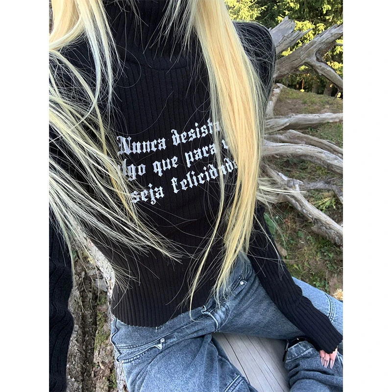 芊喜Studio 美式字母黑色半高领长袖针织T恤女辣妹修身显瘦打底衫