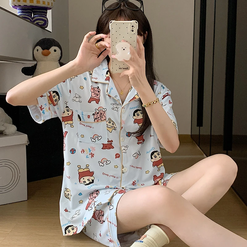 2025年甜美睡衣女款夏季新款短袖短裤卡通可爱蜡笔小新家居服套装