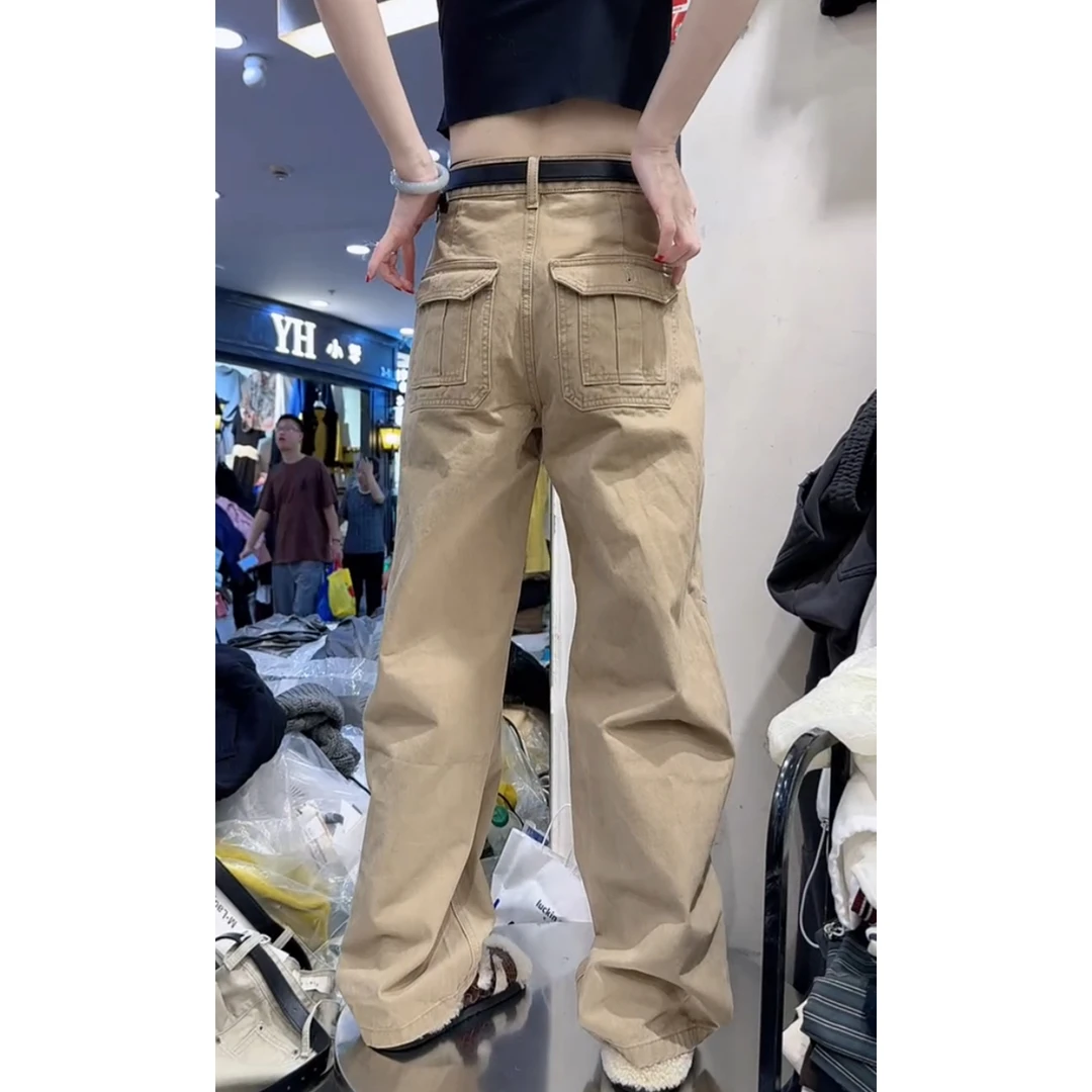 艾塔莉卡其色窄版直筒裤牛仔裤秋季女款高腰百搭多口袋阔腿裤长裤