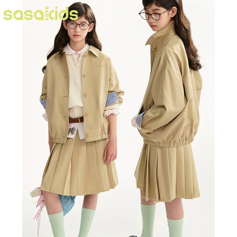 sasakids 巴恩风氛围感翻领袖口撞色宽松休闲夹克卡其色外套童装