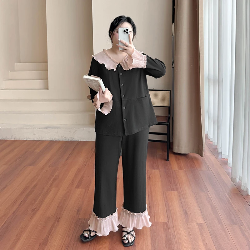 DC7262大码女装【法式轻奢睡衣】撞色娃娃领公主风高级感家居服套装