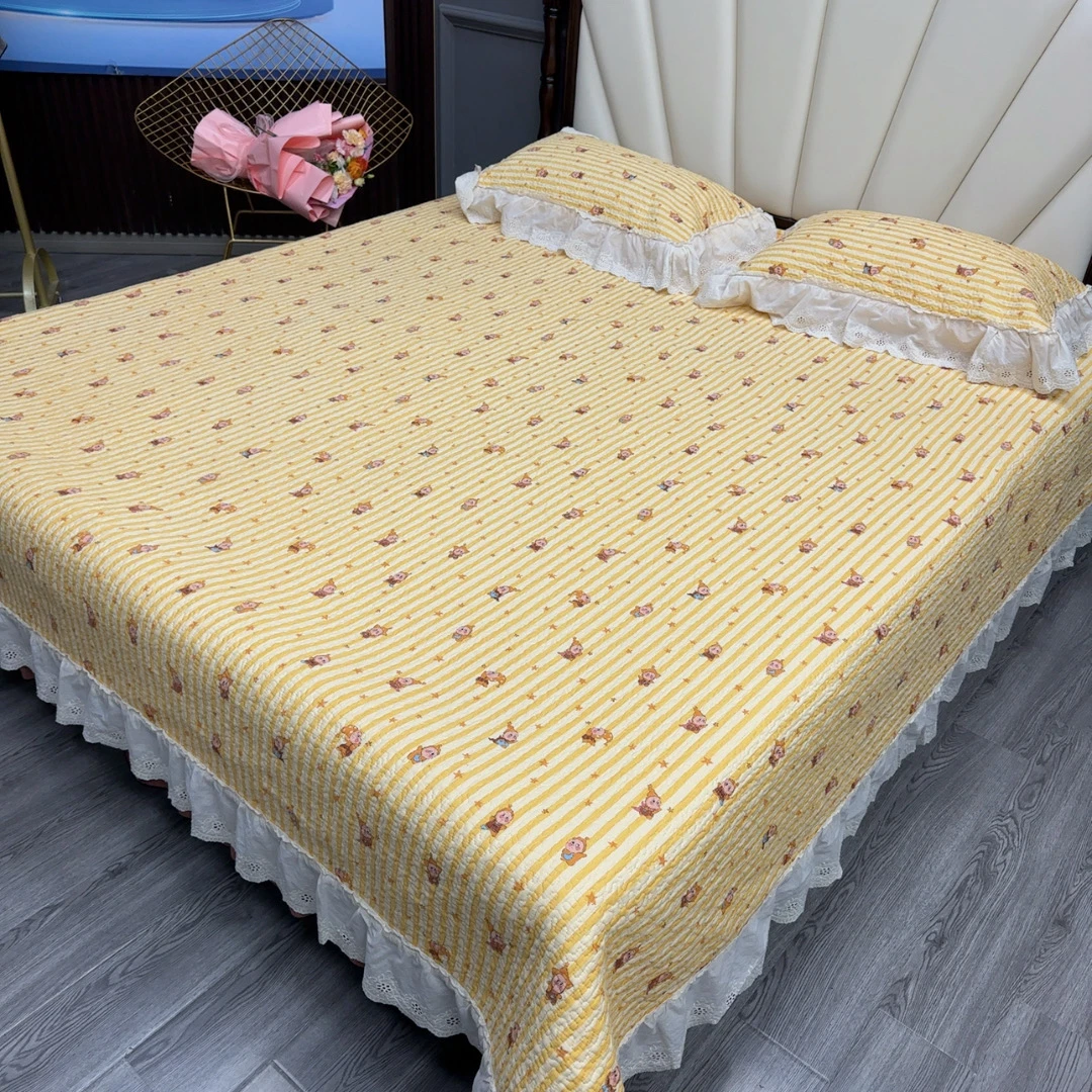 新款全棉双层纱床盖三件套加厚防滑夹棉加大花边适合1.8和2米床