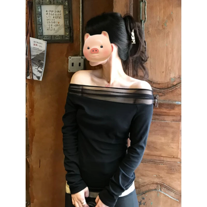 黑色网纱拼接一字肩长袖T恤女秋冬季修身内搭打底衫早秋chic上衣